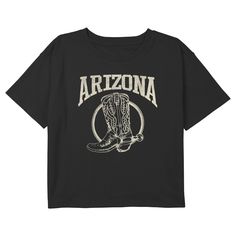 Remember: Not all who wander are lost, so get out there and have a little wanderlust with trendy new retro-inspired destination graphics from all around the world from Lost Gods! This Lost Gods Girls' Arizona Cowboy Boot Cropped Graphic T-Shirt features a fun distressed graphic with "Arizona" and a cool cowboy boot with a spur printed in beige across the front, perfect for pairing with your favorite jeans! Go exploring with Lost Gods today! Trendy Graphic Print Tops For Outdoor Activities, Retro Outdoor Graphic Print T-shirt, Retro Graphic Print T-shirt For Outdoor, Trendy Outdoor Graphic Print T-shirt, Arizona Cowboy, Cool Cowboy, All Who Wander, Gods Girl, Style Hoodie