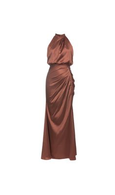 The elegant halter neck and ruched satin fabric create a timeless and sophisticated look. Perfect for prom or any special occasion, this dress is designed to flatter and impress. Pattern Type: Plain Details: Backless, Ruched, Zipper Sleeve Length: Sleeveless Color: Bronze Neckline: Halter Length: Long Fit Type: Slim Fit Fabric: Non-Stretch Material: Woven Fabric Composition: 97% Polyester, 3% Elastane Care Instructions: Machine wash, do not dry clean Colour may vary due to lighting on images. The product images (without model) are closest to the true colour of the product. Item runs true to size chart and is cut to suit our size chart. Please refer to our size chart for the best fit. Do not size up or down. Plain Satin Dress, Prom Dress Halter Neck, Prom Dress Halter, Goddess Aesthetic, Plus Size Corset, Velvet Midi Dress, Puff Long Sleeves, Color Bronze, Satin Prom Dress