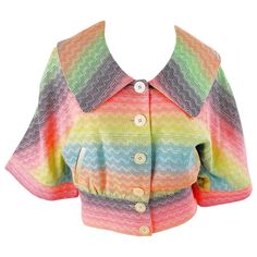 Matthew Williamson Spring 2002 Sz 8 Colorful Rainbow Striped 3/4 Sleeves Jacket For Sale at 1stDibs Yellow Soft, Matthew Williamson, Colorful Rainbow, Rainbow Stripes, Dolman Sleeve, Pink Orange, Vintage Outfits, Vibrant Colors, Cotton Blend