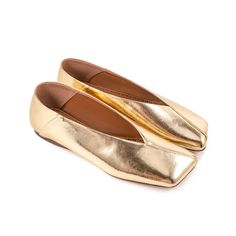 US$58.00 Chic Square Toe Flats For Fall, Gold Leather Slip-on Ballet Flats, Fall Slip-on Flats With Square Toe, Chic Flat Leather Shoes For Fall, Classic Gold Flats For Spring, Gold Almond Toe Flats For Office, Gold Almond Toe Office Flats, Chic Gold Loafers With Flat Heel, Gold Leather Flats For Fall