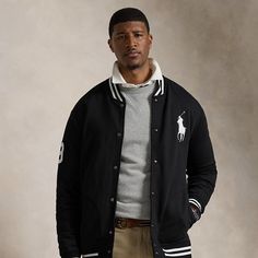 This Big & Tall baseball jacket features a twill “3” patch at the right sleeve which nods to the number typically worn by a polo team’s strongest player. Casual Outerwear With Baseball Collar For Sports Events, Varsity Sport Coat With Ribbed Cuffs For Fall, Fall Varsity Sport Coat With Ribbed Cuffs, Collegiate Long Sleeve Varsity Jacket For Sports Season, Varsity Long Sleeve Sport Coat For Sports Events, Varsity Sport Coat For Sports Events With Long Sleeves, Varsity Style Sport Coat For Sports Events, Varsity Sport Coat For Sports Events, Black Varsity Outerwear For Baseball Season