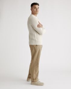 Casual, coastal cool: our 100% Organic Cotton Fisherman Crew Sweater is your latest wardrobe essential. This must-have sweater combines effortless style with low-key comfort. Made of 100% organic cotton, it's soft on your skin and timeless by design. Pair it with jeans for an everyday casual look or wear it to work with a more tailored trouser.  | Quince | Men's Fisherman Crew Sweater in Speckled Beige, Size Small, Organic Cotton Casual Winter White Sweater With Ribbed Collar, Casual Relaxed Fit Cashmere Sweater, Casual Cashmere Sweater With Relaxed Fit, Winter White Cotton Crew Neck Sweater, Casual Cream Sweater With Ribbed Collar, White Cotton Textured Knit Sweatshirt, Casual Winter White Sweater For Work, Casual Winter White Cotton Sweater, Cotton Textured Knit Sweater For Work