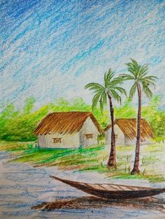 a drawing of a boat on the water with houses and palm trees in the background