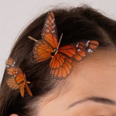 Introducing our delightful set of monarch butterfly hair pin, perfect for adding a touch of whimsy to your hair. These enchanting accessories bring a breezy elegance to any hairstyle in an instant. Each bobby pin features printed silk butterflies adorned with Swarovski Crystals, making them truly unique. Scatter them through loose waves or a chignon to capture their captivating charm. This set pairs beautifully with other pieces from our butterfly collection. Dreaming of a stunning hairstyle wit Orange Hair Accessories, Yellow Orange Butterfly, Butterfly Hair Pin, Customer Profile, Butterfly Collection, Small Butterfly, Orange Butterfly, August Birthstone Jewelry, July Birthstone Jewelry