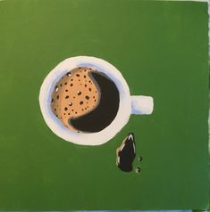 a painting of a coffee cup with a cookie in it on a green tablecloth