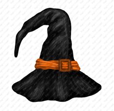 a drawing of a witch's hat with an orange ribbon around it, on a white background