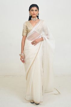 Ivory saree with thread, sequin embroidery in stripe pattern. Paired with half sleeve embroidered padded blouse. - Aza Fashions Black Organza Saree, Pink Organza Saree, Cotton Sarees Handloom, India Trip, Peach Saree, Latest Indian Saree, Kalki Fashion, Organza Silk Saree, Organza Blouse