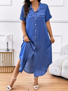 Blue Casual Collar Short Sleeve Woven Fabric Plain Shirt Embellished Non-Stretch  Women Plus Clothing Shirt Dresses For Women Classy, Long Denim Dress, Graphic Print Dress, Bleu Azur, Button Front Shirt Dress, Plus Size Spring, Denim Overall Dress, Plain Shirt, Long Shirt Dress