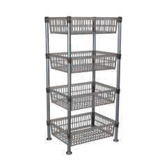 three tiered metal shelf with four baskets