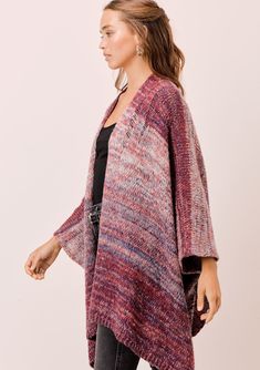 This soft, oversize poncho cardigan in a beautiful space-dye is the perfect sweater to transition to cooler weather. Featuring an oversize, easy silhouette, an open front, and cool open-knit details. A cozy bohemian style that pairs effortlessly with jeans. FINAL SALE Space dyed Oversized, relaxed fit Hip length Side vents Open front Distressed details Model is 5'8, wearing a size S.Style: I-50830K-QRJ Multicolor Open Knit Outerwear For Fall, Bohemian One Size Chunky Knit Cardigan, Bohemian Soft Knit Cardigan, Oversized Open Knit Poncho For Fall, Cozy Multicolor Sweater Coat For Layering, Oversized Bohemian Sweater With Batwing Sleeves, Bohemian Soft Knit Outerwear, Pink Bohemian Knit Outerwear, Oversized Multicolor Open Front Cardigan