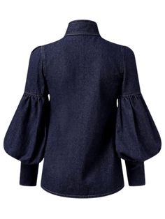 Reimagining Classic Denim,,, Denim Puff Sleeve Tops This reimagined denim blouse is a testament to contemporary design, effortlessly blending timeless appeal with urban edge. Crafted from a luxurious imitation denim fabric, the piece exudes a sense of refined sophistication. The high neck, a nod to classic tailoring, adds a touch of elegance, while the dramatic lantern sleeves lend a modern, statement-making quality. Intricate lace-up detailing, delicate buttons, and a charming bow embellishment Fitted Denim Top With Puff Sleeves, Fall Denim Puff Sleeve Top, Long Sleeve Denim Blouse For Work, Collared Denim Blouse For Fall, Long Sleeve Denim Blue Blouse, Long Sleeve Denim Blouse In Denim Blue, Blue Denim Blouse With Puff Sleeves, Denim Blue Cotton Puff Sleeve Tops, Fitted Denim Blue Shirt For Fall