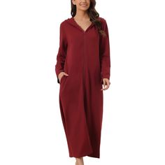 Womens Hoodie Zip Up Closure Pajama Nightshirt Long Sleeve Robe Loungewear with Pocket. This Hoodie Zip Up Nightshirt is the perfect choice for daily wear, or lounging wear at home. Versatile long dress for all occasions! With a loose casual maxi length, zip-up closure, soft fabric, and perfect hoodie design, this robe is everything you need for fully luxurious lounging wear. With a fully zip-up closure, practical pocket, and hoodie design, this nightshirt robe is everything you need for loungin Casual Long Sleeve Nightgown For Home, Comfortable Long Sleeve Winter Sleepwear, Fall Long Sleeve Sleepwear For Sleepover, Solid Color Winter Sleepwear For Lounging, Comfortable Long Sleeve Sleepwear For Winter, Hooded Winter Loungewear, Hooded Winter Sleepwear For Lounging, Hooded Sleepwear For Fall Lounging, Hooded Fall Sleepwear For Lounging