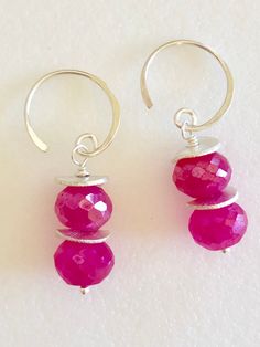 "Lovely hot pink chalcedony gemstones wire wrapped with brushed Sterling silver wavy discs on handmade ear wires. Natural hot pink 9mm faceted chalcedony rondelles with sparkling silver coating. Between each gem is a thin hand brushed 8mm Sterling silver wavy disc. Crystal gemstones hang from handmade hammered petite open hoop ear wires. Total length 1 3/8\". Also in 24k gold vermeil. Fun pop of hot pink color!" Fun Halloween Earrings, Pink Quartz Crystal, Black Cat Earrings, Pink Chalcedony, Chalcedony Earrings, Pumpkin Earrings, Fall Earrings, Magenta Pink, Earrings Pink