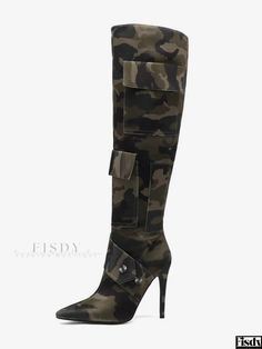 Fisdy - Botas de tacón alto hasta la rodilla para mujer con estampado de camuflaje, bolsillo y detalle de remaches Womens Camo, Designer High Heels, Heel Design, Estilo Chic, Stiletto Shoes, Buckle Boots, Womens Knee High Boots, Long Boots, Designer Heels