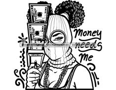 a drawing of a woman with money on her head and the words money in front of her