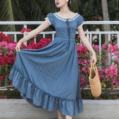 Blue Vintage-style Princess Dress with short puff sleeves, sweet ruffles along hem and vintage-inspired lace along neckline Size SBust 85cmWaist 68cmLength 116cm Size MBust 89cmWaist 72cmLength 117cmSize LBust 93cmWaist 76cmLength 118cm Belle Blue Dress, Vintage Prairie Dress, Vestidos Retro, Cottage Core Dress, Mori Girl Fashion, Amelia Dress, Cottagecore Dress, Summer Cottage, Lace Blue Dress