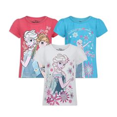 three children's t - shirts with frozen princess print on the front and back