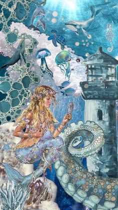 a painting of a mermaid sitting on top of a rock next to a lighthouse and sea creatures