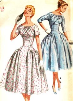 Original vintage Simplicity sewing pattern. Formal dress is similar in style to the magnificent creations by Anne Fogarty in the 50's.   Long bodice dress with full gathered skirt over the hip line. Bodice front features softly pleated detail at neckline. Kimono sleeves may be elbow length or short. Side zipper. Size 14; Bust 32; Waist 26; Hip 35. Pattern is uncut, complete and in factory folds. Envelope is very age tanned and has tape mends to edges. Pattern pieces and instructions are in very good condition. Copyright 1956. Stored and shipped in a clear, resealable, archival envelope and backing board. Reminders:  This is a manufactured, original pattern. Not a copy or PDF. This is a paper sewing pattern and not an actual garment. Vintage A-line Dress With Pleated Bodice, Vintage Tea-length Dresses With Fitted Bodice, Vintage Dress With Full Skirt And Fitted Top, Vintage Fitted Dress With Full Skirt, Vintage Dresses With Pleated Bodice And Tea Length, Fitted Dress With Vintage Pattern For Vintage Events, Vintage Tea Length Dress With Pleated Bodice, Retro Dress With Pleated Fitted Bodice, Fitted Bodice Full Skirt Dress For Vintage Events