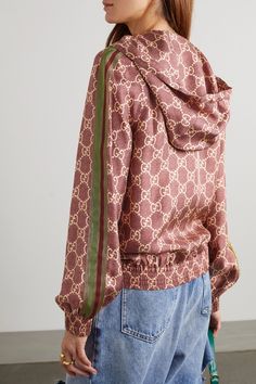 GUCCI Metallic webbing-trimmed printed silk-twill hoodie | NET-A-PORTER Luxury Gucci Sweatshirt With Logo Print, Gucci Luxury Crew Neck Sweatshirt, Luxury Gucci Sweatshirt With Logo Detail, Gucci Ready To Wear 2022, Gucci Hoodie Dress, Luxury Long Sleeve Sweatshirt With Appliqué Logo, Gucci Fall 2020 Ready To Wear, Gucci Sets For Women, Gucci Luxury Sweatshirt With Embroidered Logo