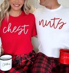 This Funny Matching Couples Shirt Chest Nut will be a hilarious attire for your holiday party.  This Funny Christmas Shirt is great for besties as well as couples. Comes in a cozy sweatshirt or super soft tee.  Note: Green t-shirts may come in solid or heather due to stock issues during Christmas season greens have a crazy demand. SUPER SOFT AND COZY CREWNECK SWEATSHIRTS HOW YOU ORDER- select your size and the color that you want from the drop down bar, add to cart, and check out. ;) How to order multiples- Select your size and the color that you want from the drop down bar, add to cart, and repeat as many times as necessary then check out with all items at once.   S H I R T / D E T A I L S Our sweatshirts are SUPER soft and SUPER comfy. For Women They Run Oversized! 50% Cotton/50% polyest Christmas Party Couples Outfit, Couples Christmas Shirts, Funny Matching, Couples Christmas, Matching Couple Shirts, Christmas Couple, Funny Christmas Shirts, Green Tshirt, Christmas T Shirt