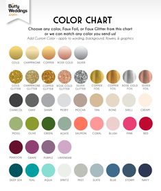 the color chart for this wedding dress is gold, silver, and white with different colors