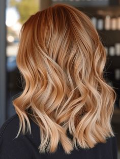 Blond Red Balayage, Natural Redhead Blonde Money Piece, Blonde Or Red Hair, Ginger Blonde Balayage Copper Hair, Peachy Highlights Hair, Strawberry Blonde Lob With Bangs, Copper Babylights On Blonde Hair, Short Blonde Red Hair, Creme Brulee Blonde Hair