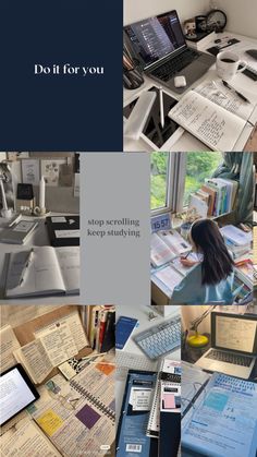 a collage of photos with books, papers and laptops