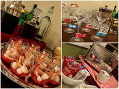 several pictures of different foods and drinks on a table with wine glasses, candy bars, water bottles, and candies