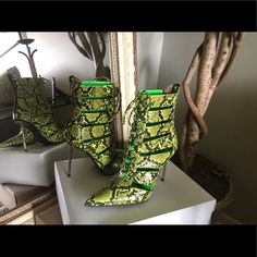 Jeffrey Campbell Green Leather Lace Up, High Heeled Bootie. These Are An Incredible Statement Piece!!!!! 4” Heel. Sizing: I Feel They Run True To Size To 1/2 Size Large (I’m An 8 And Can Fit Into The 7.5). No Trades. Brand New W/Dust Bags And Box That Came From Retailer. Bold Ankle Boot Heels For Party, Green Boots With Round Toe For Night Out, Green Round Toe Boots For Night Out, Green Closed Toe Party Boots, Trendy Green Ankle Boot Heels, Elegant Green Ankle Boot Heels, Chic Green Lace-up Heels, Jefree Campbell Shoes, Green Ankle-high Heels For Party