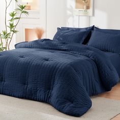 a bed with blue comforter and pillows in a room next to a potted plant