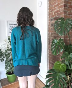 "Stunningly gorgeous turquoise jewel tone acrylic sweater. Vibrant and amazing teal blue! Slouchy, soft and cozy. Pretty much the perfect sweater that will be super happy to hang out with you! Tag: Lauren Brooke * Medium 100% Acrylic Excellent vintage condition Found in Portland, ME Approx: 27.5\" long 22\" armpit to armpit 26\" middle of shoulder to end of folded cuff Model is 5'10\" and 150 lbs" Blue Retro Sweater With Relaxed Fit, Turquoise Long Sleeve Sweater For Winter, Casual Turquoise Winter Sweater, 90s Blue Cotton Sweater, Teal Cashmere Sweater, Blue Hand-knitted Acrylic Sweater, Teal Vintage Sweater, Green Jumpers, Perfect Sweater