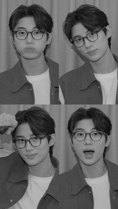 black and white photo of young man with glasses making funny face expressions in four different ways