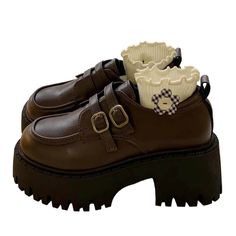 Platform shoes with double buckle straps and a rugged, chunky sole Material: Vegan Leather Run small, please review the sizing information Chunky Shoes Outfit, Grunge Aesthetic Shoes, Short Boots Outfit, Platform Boots Outfit, Brown Platform Boots, Realistic Fashion, Aesthetic Sneakers, Grunge Shoes, Shoes Png