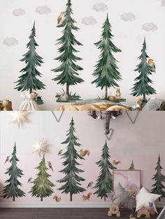 the wallpaper in this children's room is decorated with pine trees and animals