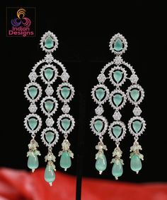 Gorgeous and stylish silver polish American diamond Three strand earrings studded with teardrop color stones. Stone Chandelier, American Diamond Earrings, Pakistani Earrings, Diamond Earrings For Women, Earrings Indian, Silver Polish, Color Stones, Kundan Necklaces, Indian Bollywood