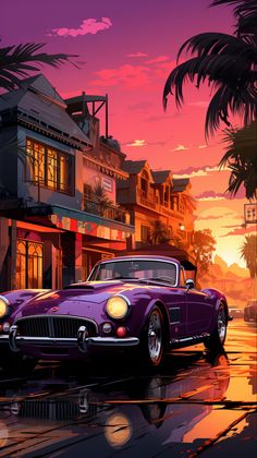 a purple car parked in front of a palm tree