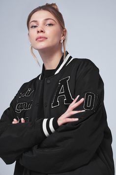 G.O.A.T Jacket - Black | Alo Yoga The Greatest Of All Time, Varsity Letterman Jackets, Greatest Of All Time, Mens Gear, Woman Back, Letterman Jacket, Back Women, Shopper Tote, Jacket Design