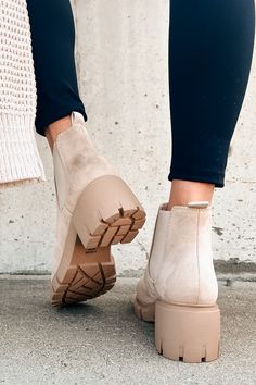 Color: Light Wheat/Beige Style: Chelsea Booties Faux Suede Uppers Pull-On Style Side Elastic Panels Lug Sole 2.25" Block Heel Runs True To Size Launched: 8/27/24 Lantern Sleeve Sweater, Road Less Traveled, Chelsea Ankle Boots, Short Cardigan, Beige Style, Cardigan Sweaters For Women, Lug Sole, Color Light, Faux Suede