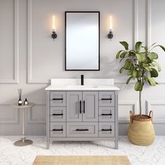 a bathroom vanity with a large mirror above it and a potted plant in the corner