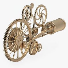 a golden clock with gears attached to it's side and wheels on each side