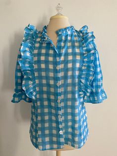 Tuckernuck Hartley Top Cornflower Blue Gingham Cotton Size small  Light weight cotton in lovely corner lower blue gingham button front Blue Ruffled Tops For Picnic, Gingham Buttoned Tops For Spring, Sunflower Shirt, Tracy Reese, Blue Gingham, Cornflower Blue, Small Light, Womens Clothing Tops, Gingham