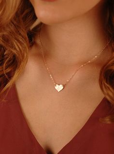 "A beautiful Medium Heart Necklace in Gold-Filled, Sterling Silver, or Rose Gold-Filled. The heart can be personalized with a symbol, single initial, or with 2 tiny letters. Choice of smooth or hammered finish. About the Medium Heart Necklace: - 14K Gold-Filled, Sterling Silver, or 14K Rose Gold-Filled Heart (shown in photo), in 20g thickness - 1.6mm Flat Cable Chain - your choice of length from 14\" - 20\" (Model is wearing about a 17\" chain) - The heart disc measures 11mm x 13mm - Beautifully Rose Gold Open Heart Jewelry For Wedding, Personalized Dainty Rose Gold Charm Necklaces, Personalized Dainty Rose Gold Charm Necklace, Dainty Birth Flower Jewelry For Anniversary Gift, Rose Gold Heart Charm Necklace In 14k Gold, Personalized Dainty Heart Pendant Charm Necklace, Dainty Personalized Heart Pendant Charm Necklace, Delicate Engraved Heart Pendant Necklace, Dainty Engraved Open Heart Charm Necklace