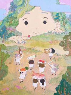 a painting of a girl surrounded by farm animals and vegetables, with trees in the background