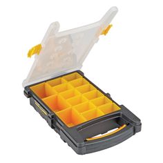 an open plastic case filled with lots of yellow objects