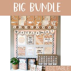 the big bundle is on display in front of a white wall with pink and brown accents