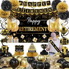 a happy retirement party with balloons, streamers and black and gold decorations on the table