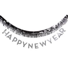 the words happy new year are drawn on black and white paper with silver foil fringes