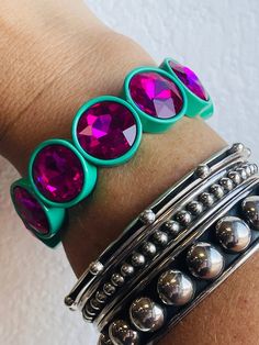 "Icon" Collection Stretch Bracelet – Emma Lou's Boutique Pink Stones, Green Bracelet, Icon Collection, Stretchy Bracelets, Pink Stone, Stretch Bracelet, Stretch Bracelets, Bright Pink, Bracelet Set