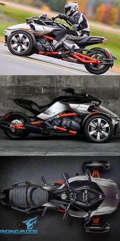 two different views of a motorcycle on the same side, one with an orange and white stripe